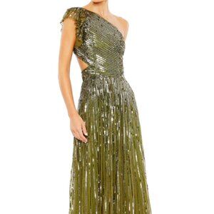 MAC DUGGAL 5565 SEQINED ONE SHOULDER FLUTTER SLEEVE A-LINE OLIVE GOWN sz 6